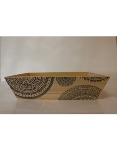 Corbeille bois rectangle nature/noir mandala