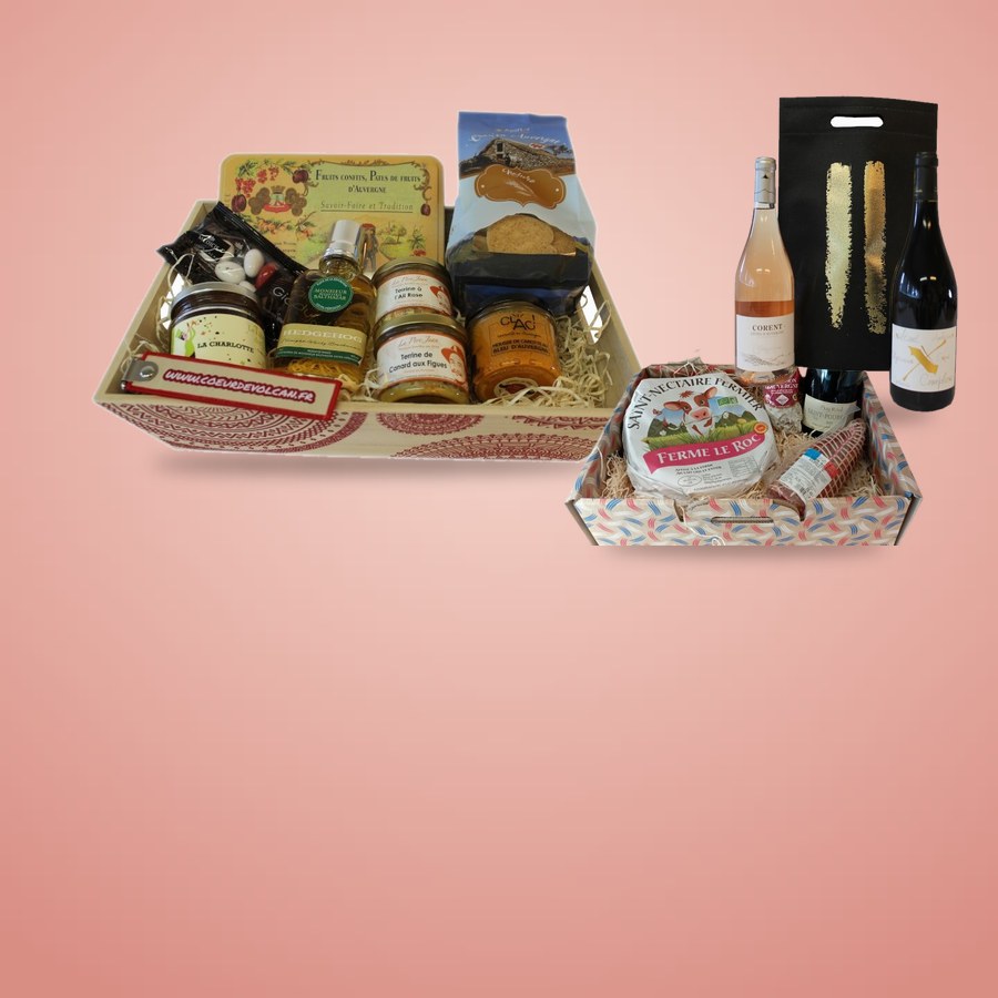 Corbeilles et valisettes garnies de produits d'Auvergne